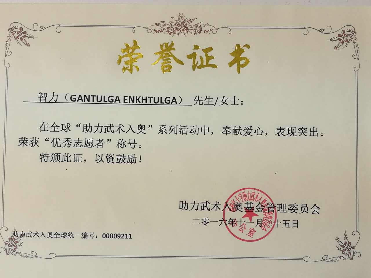 全球助力武术入奥统一编号00009211——智力