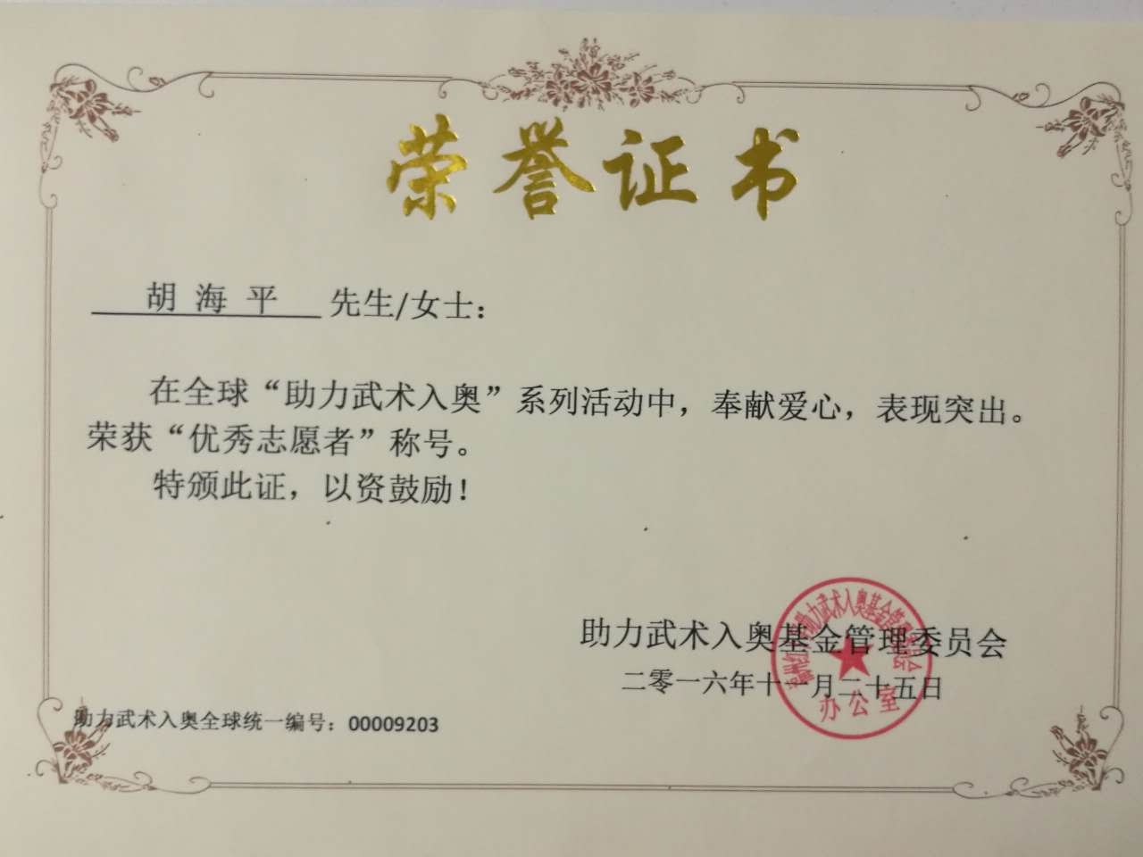 全球助力武术入奥统一编号00009203——胡海平